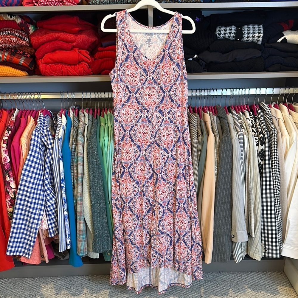 Croft & Barrow blue/wine print sleeveless v neck maxi dress size S